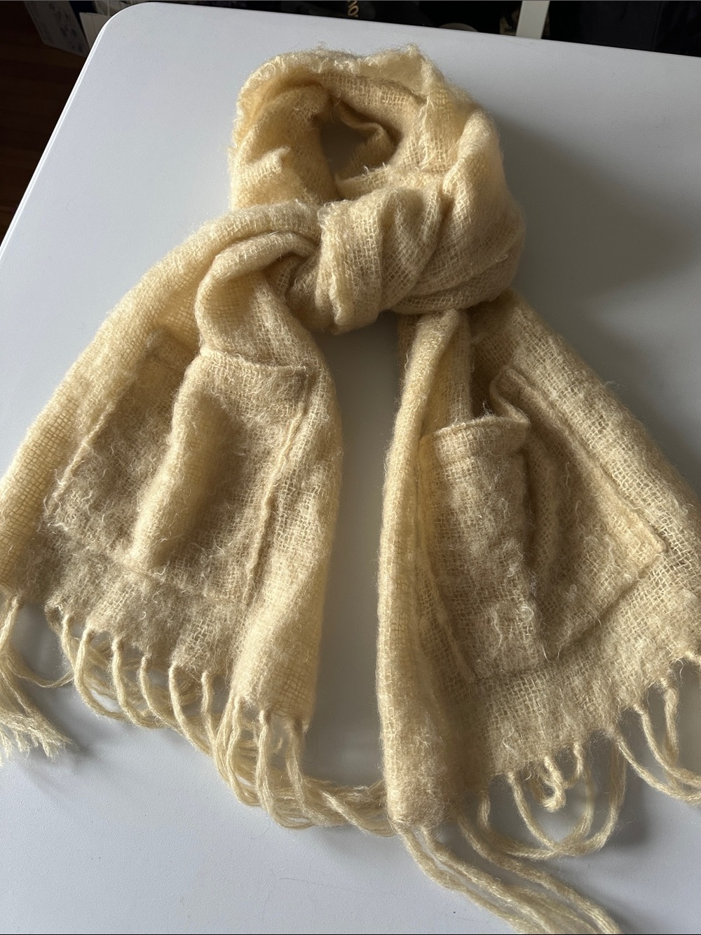 Cream Mohair-Style Fringe Scarf with Pockets